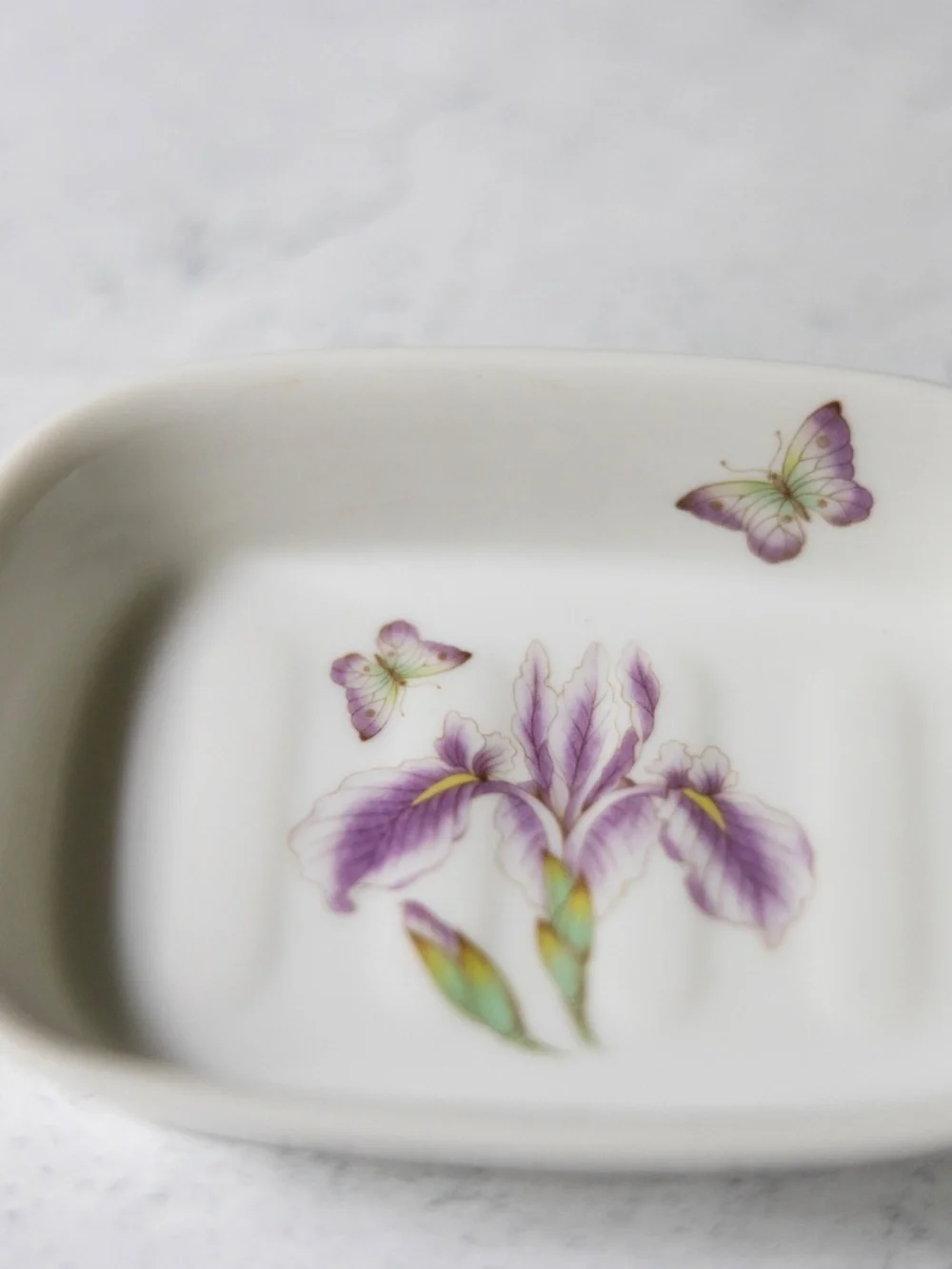 Vintage Takahashi Medley Japanese purple iris butterfly ceramic soap dish